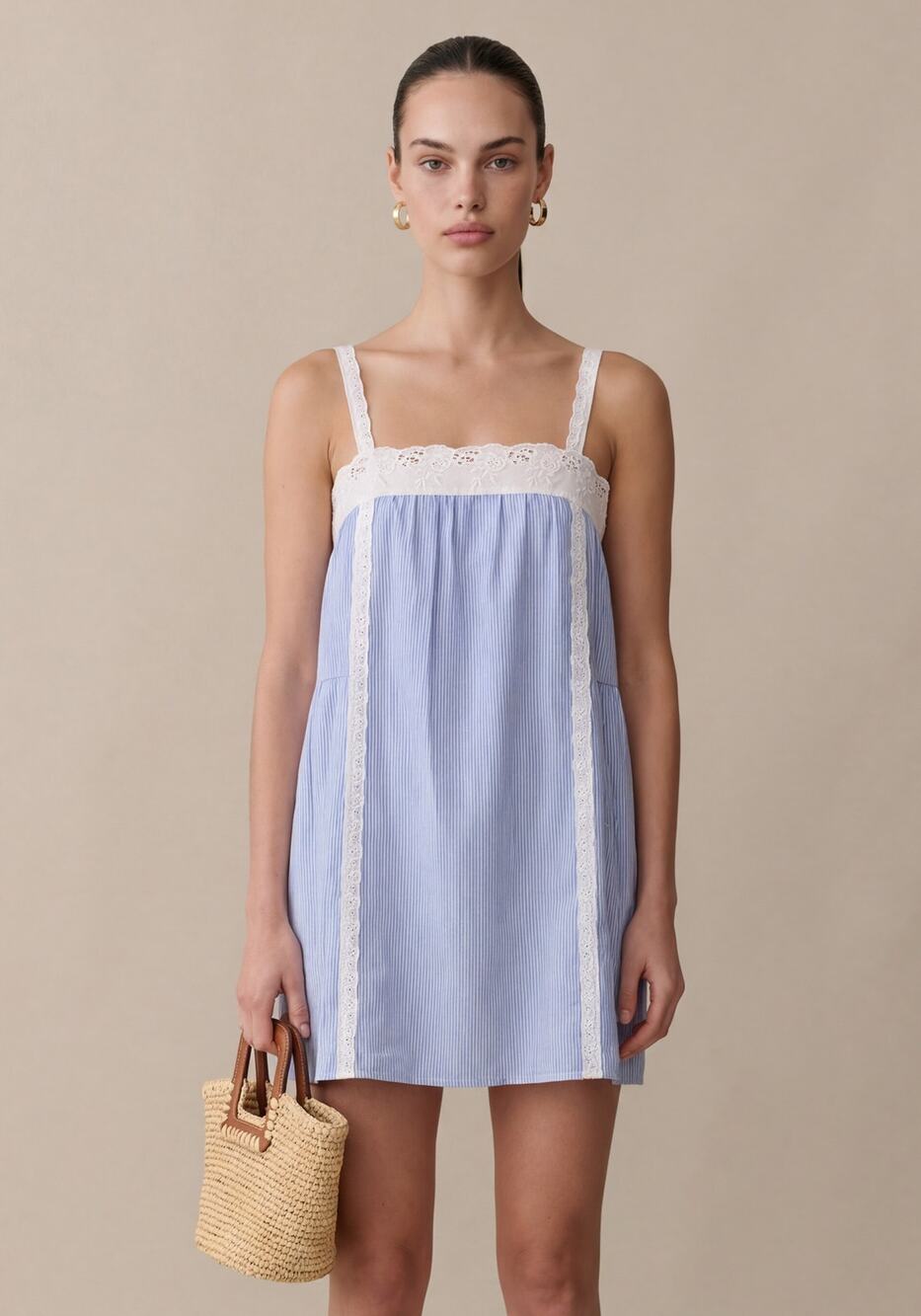 Few Moda Florence Blue Striped Cotton White Lace Trim Babydoll Mini Dress Small